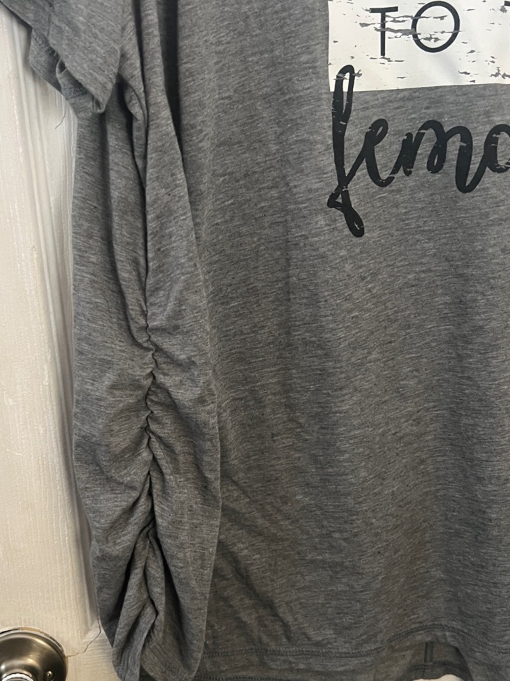 Terra & Sky Gray Graphic 'Power to the Female' Short Sleeve Tee Cinched sides - Picture 4 of 5